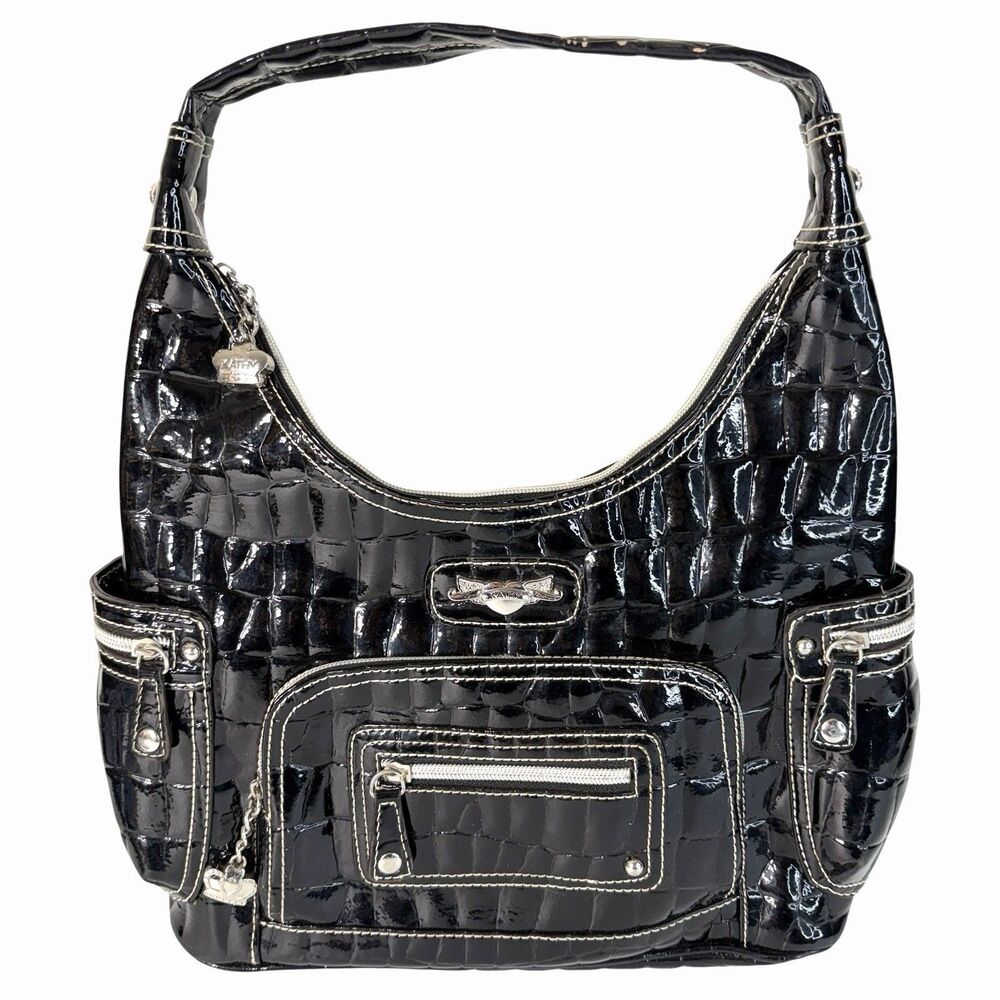 Vintage Kathy Van Zeeland Y2K Black Patent Croc Embossed Hobo Shoulder Bag Purse